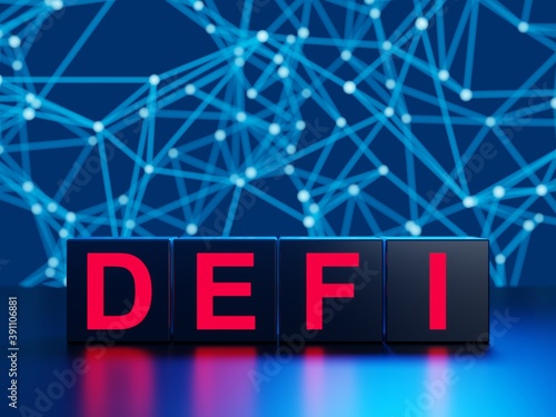 Defi - decentralized finance concept on metallic cubes and futuristic background with connected blue dots and lines out of focus photo