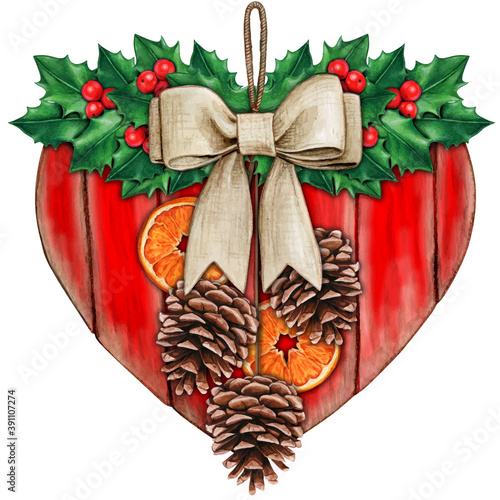 Watercolor shabby chic rustic heart with holly and orange slices
