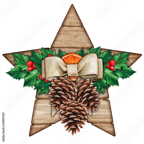 Watercolor shabby chic rustic star with holly and pinecones