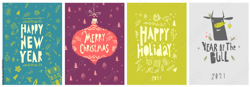 Vector illustration. A set of Christmas and new year cards and a postcard in the year of the bull.