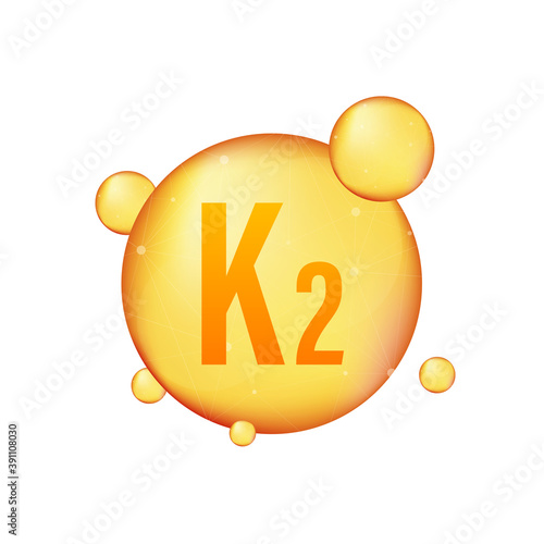 Vitamin K2 gold shining icon. Ascorbic acid. Vector illustration