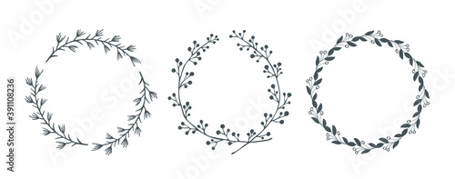 Hand drawn decorative floral round wreath frame