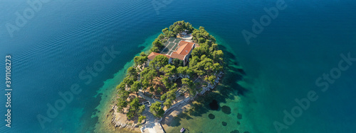 Aerial drone ultra wide panoramic photo of old town of Skiathos island, Sporades, Greece