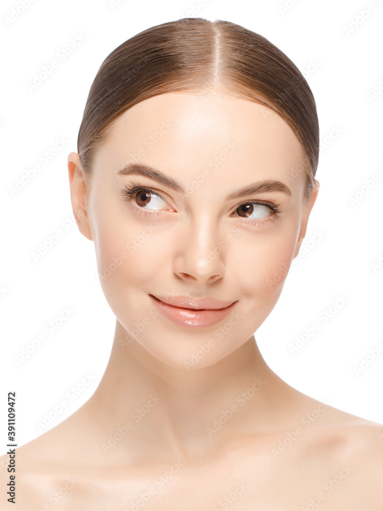Vertical portrait of young beautiful woman with brown eyes, concept of perfect skin care and beauty, isolated on white background Vertical portrait of young beautiful woman with brown eyes, concept of perfect skin care and beauty, isolated on white background