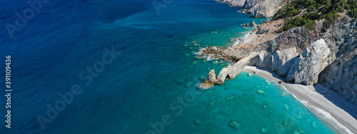 Aerial drone ultra wide panoramic photo of famous beach for stone rocky arch formation of Lalaria, Skiathos island, Sporades, Greece