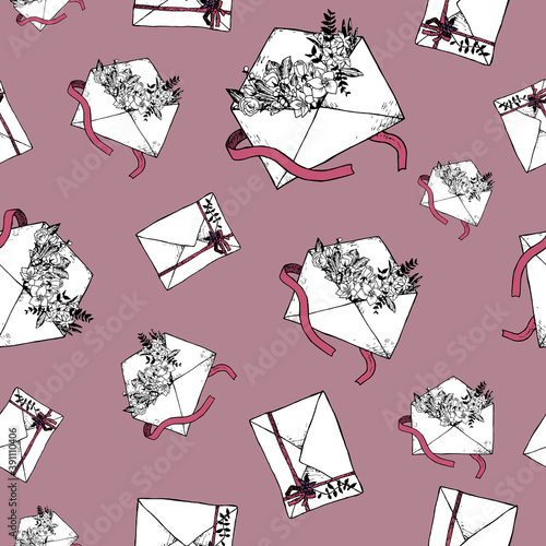 Vector seamless pattern Envelopes with flowers and ribbons on lilac background