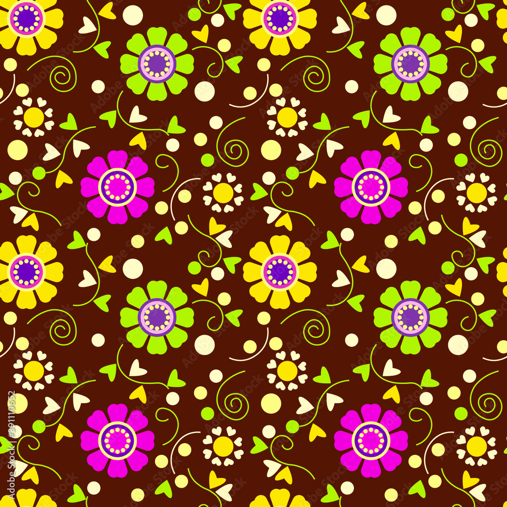 seamless pattern, stylized flowers and leaves on a brown background seamless pattern, stylized flowers and leaves on a brown background