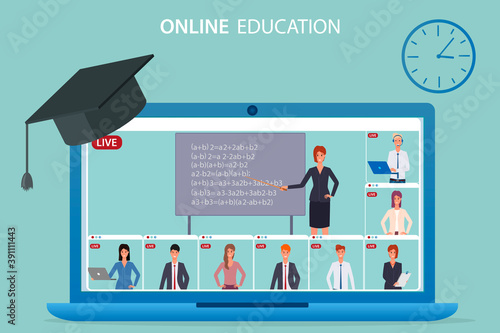 A teacher teaches students via video conference.The concept of learning from home, getting home education via the Internet.The teleconferencing system during the epidemic of the coronavirus COVID19.