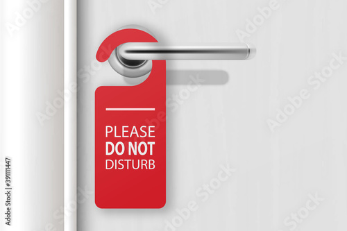Vector 3d Realistic Red Paper Door Hanger DO NOT DISTURB on White Wooden Door with Metal Silver Handle Background. Door Hanger Mockup. Design Template for Graphics. Full Length Door is in a Clipping