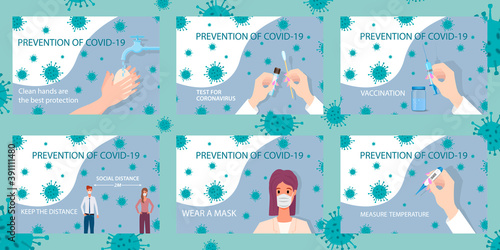 A set of posters about taking precautions during the COVID19 pandemic.Concept of safety and compliance with protective measures during the epidemic of coronavirus and influenza virus.Flat vector illus