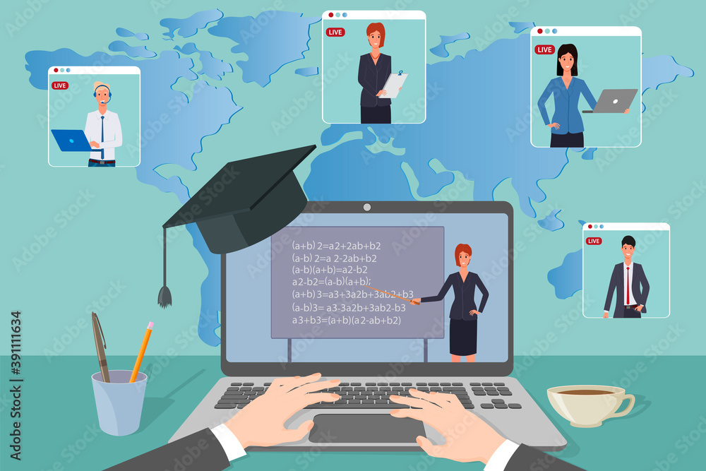 Online education, e-learning.The teacher conducts the lesson on the laptop screen in online mode.Home schooling, distance learning, and passing exams.Online courses and advanced training. Online education, e-learning.The teacher conducts the lesson on the laptop screen in online mode.Home schooling, distance learning, and passing exams.Online courses and advanced training.