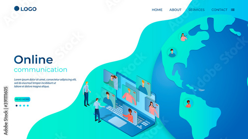 Online communication.People communicate against the background of the globe.Modern technologies, online communication, Remote work against the background of quarantine.Isometric vector illustration.Th