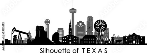 HOUSTON AUSTIN DALLAS SAN ANTONIO Texas SKYLINE City Outline Silhouette

 #391111675