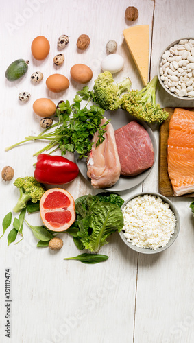 Animal and vegetable protein sources of energy (salmon, red meat, eggs and cottage cheese). Flat lay vertical assortment of healthy foods for food