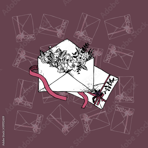 Vector illustration Envelopes with flowers and ribbons on violet background