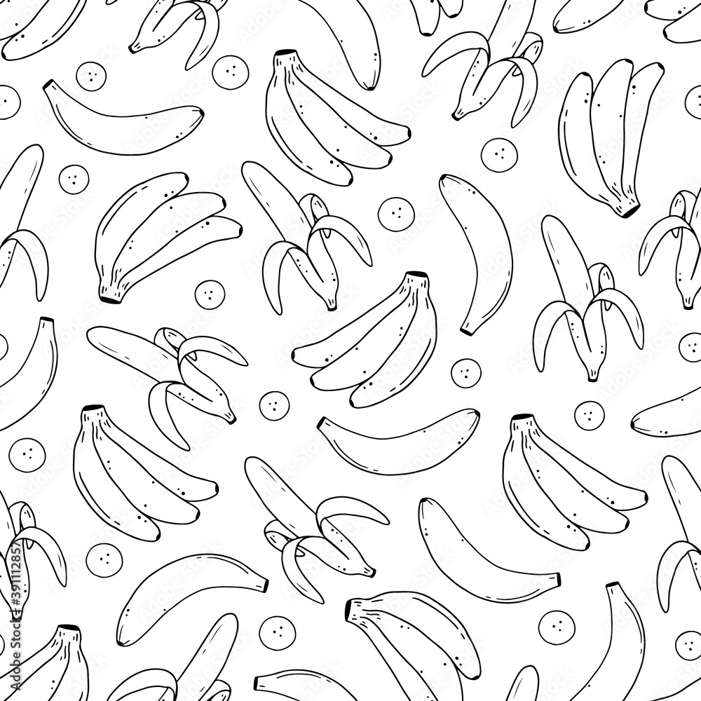 Seamless pattern of hand drawn banana fruit. Doodle sketch line style illustration for background, fabric, wallpaper design. Seamless pattern of hand drawn banana fruit. Doodle sketch line style illustration for background, fabric, wallpaper design.