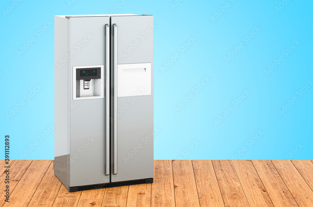 Double door fridge, refrigerator with side-by-side door system on the wooden planks, 3D rendering Double door fridge, refrigerator with side-by-side door system on the wooden planks, 3D rendering