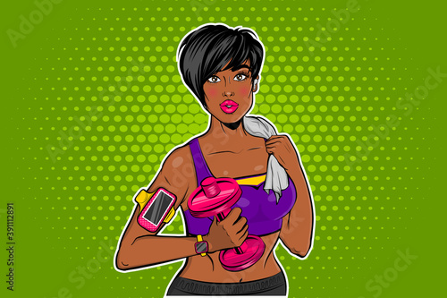 Sexy black african-american pop art girl on workout. Sporty woman with a phone holder on your hand, a sports watch and a wireless earpiece. Cartoon comics book style vector on halftone background.