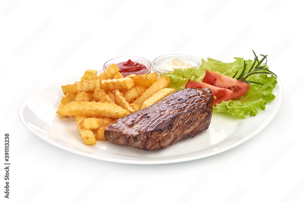 Roasted beef steak with french fries, isolated on white background Roasted beef steak with french fries, isolated on white background
