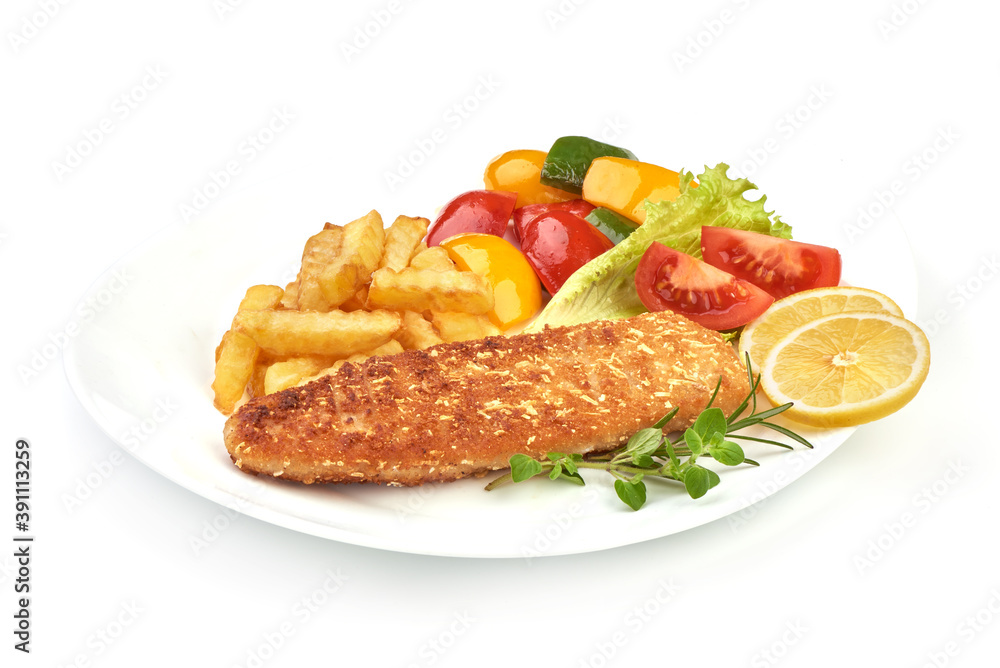 Fried Fish with French Fries and vegetables, close-up, isolated on white background