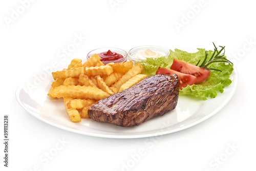 Roasted beef steak with french fries, isolated on white background