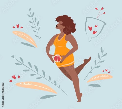 Woman holding grejpfrut fruit in her hands. Vector illustration with menstrual cup and flowers and leaves. Eco protection for woman in critical days. Women period. Intimate hygiene.