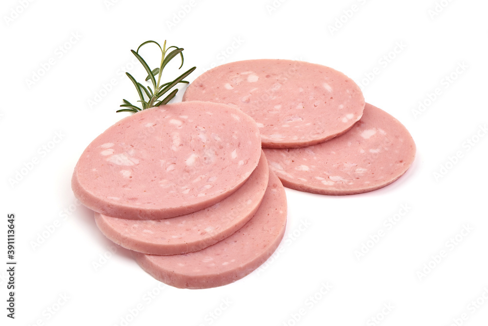 Italian mortadella, Boiled Bologna Sausage, close-up, isolated on white background Italian mortadella, Boiled Bologna Sausage, close-up, isolated on white background