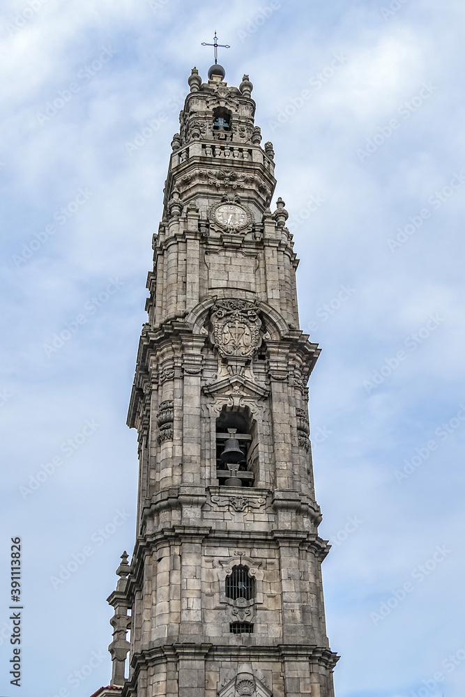 Porto Baroque Church of Clerigos. Church of Clerigos (Igreja dos Clerigos, 1763) with attached iconic Clerigos Tower - one of landmarks and symbols of Porto. Portugal. Porto Baroque Church of Clerigos. Church of Clerigos (Igreja dos Clerigos, 1763) with attached iconic Clerigos Tower - one of landmarks and symbols of Porto. Portugal.