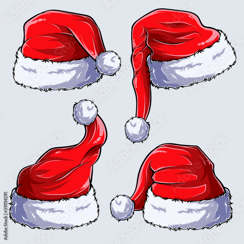 Four Christmas Santa Claus hats isolated on white background. sketched in high quality, lights and shadows, ready for use in your Christmas designs photo