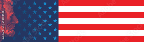 Red vintage drawing of Abraham Lincoln isolated on USA flag BG