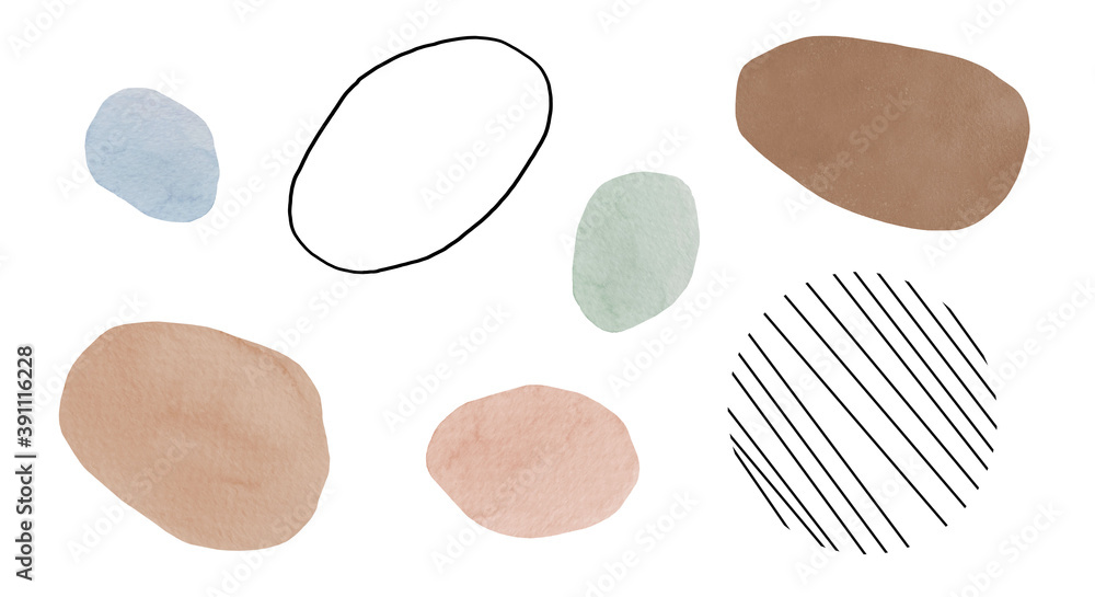 Neutral aestetic shapes set with black lines and watercolour blots. Mid century designs for mixed media idea, digital collage, techniques and aesthetic. Illustration on white background. Neutral aestetic shapes set with black lines and watercolour blots. Mid century designs for mixed media idea, digital collage, techniques and aesthetic. Illustration on white background.
