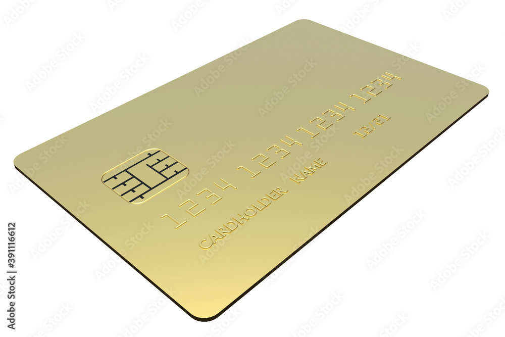 One blank golden credit card isolated on white background. Concept of luxury life and wealth One blank golden credit card isolated on white background. Concept of luxury life and wealth