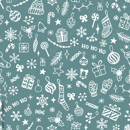Vector seamless pattern with hand drawn Christmas elements. Cute design for wrappings, textile and backgrounds