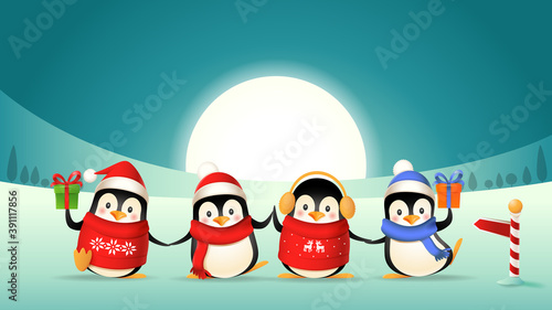 Cute penguin friends celebrate winter holidays - winter landscape background