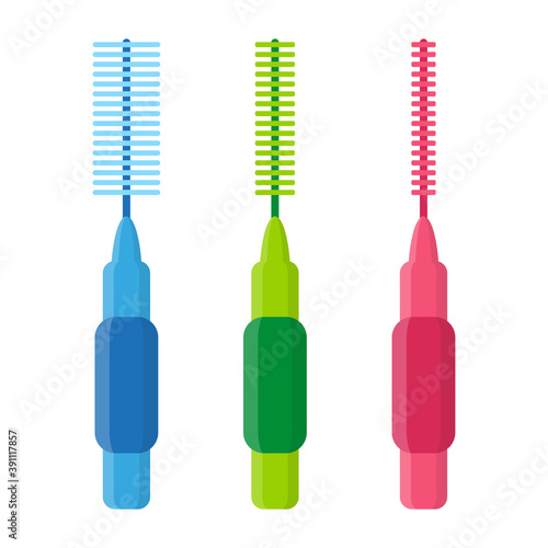 Vector cartoon illustration of interdental brushes or floss for cleaning braces isolated on white background.