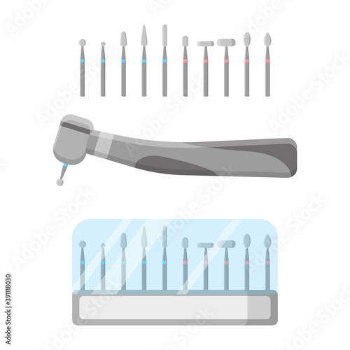 Vector cartoon illustration of dental drill with burs set isolated on white background.