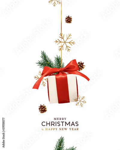 Merry Christmas and Happy New Year. Background with realistic festive gifts box. Xmas present. white boxes with red ribbon gift surprise. Decorative ornament gold snowflake, pine cone, spruce branches
