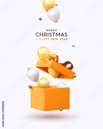 Merry Christmas and Happy New Year. Xmas design realistic gifts box, falling helium balloons, 3d golden chocolate candies. Holiday gift background. Poster, banner, brochure, flyer. vector illustration