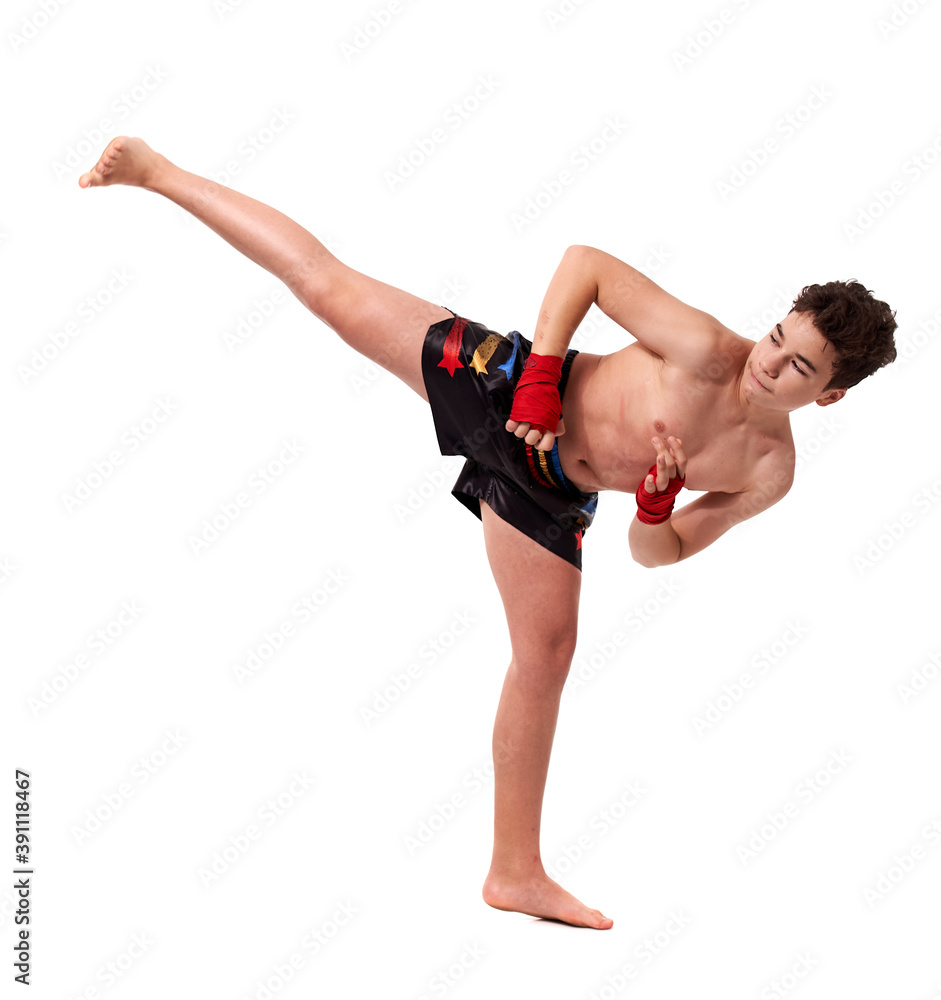 Kickboxer training isolated on white Kickboxer training isolated on white