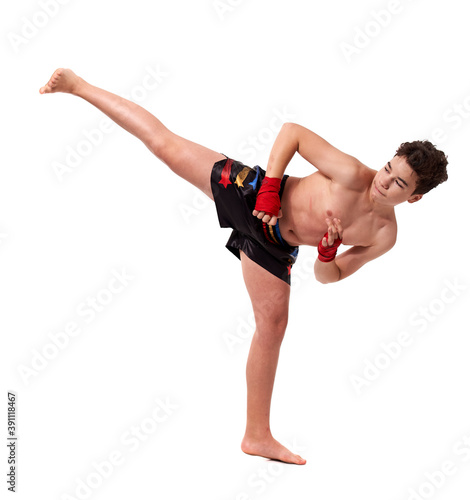 Kickboxer training isolated on white
