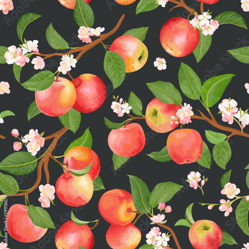 Boho botanical apple seamless pattern. Vector autumn fruits, flowers, leaves texture. Summer floral background