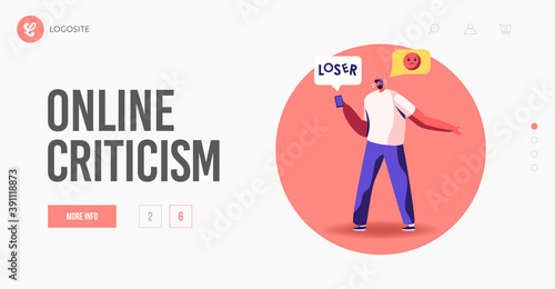 Social Network Criticism, Bullying Landing Page Template. Angry Aggressive Male Character Send Offensive Messages Online