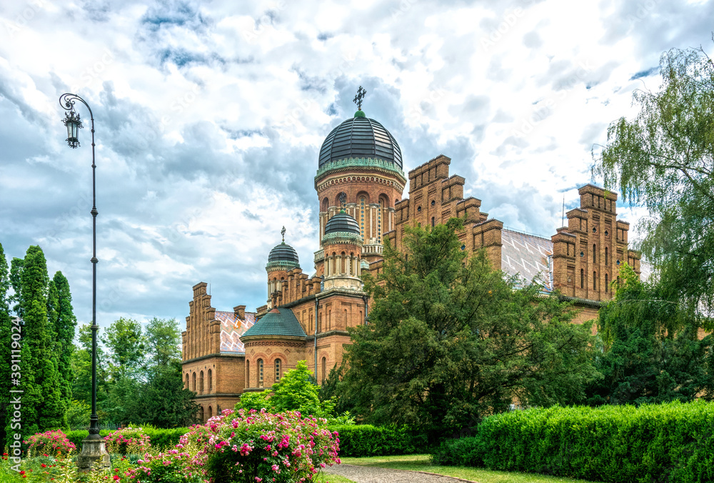 Fototapeta premium Chernivtsi city, Bukovina, Ukraine - June 12, 2018: building of the Residence of Metropolitan Bukovina and Dalmatia and the National University named after Yuri Fedkovych in the city of Chernivtsi