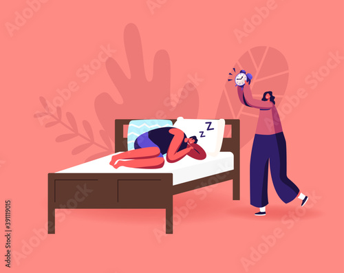 Night Rest, Dream or Bedding Time Concept. Man Wearing Pajama Sleep on Bed Ignoring Alarm Clock. Male Character Sleeping