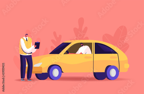 Male Character Pass Exam for Driver License in School with Instructor. Learner Driving Car with Tutor Write in Clipboard