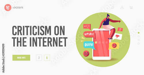 Online Trolling Landing Page Template. Tiny Female Character Sit on Huge Smartphone Bullying, Leave Bad Review, Dislike