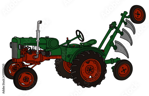 The vectorized hand drawing of a vintage green tractor with a plough