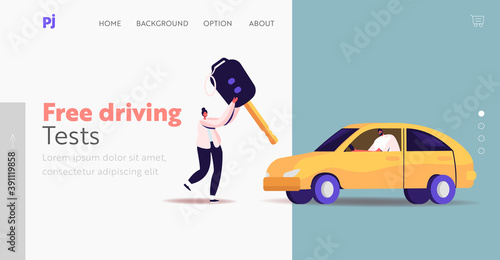 Characters Learning Drive Car,Driver License Landing Page Template. Tiny Woman Carry Huge Key, Man Sit in Automobile