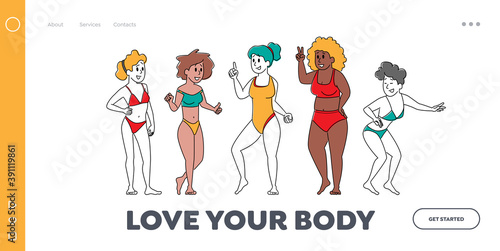 Body Positive Women Diversity Landing Page Template. Happy Multiracial, Multicultural Girl Characters of Different Ages