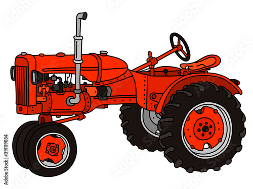 The vectorized hand drawing of a vintage red tractor